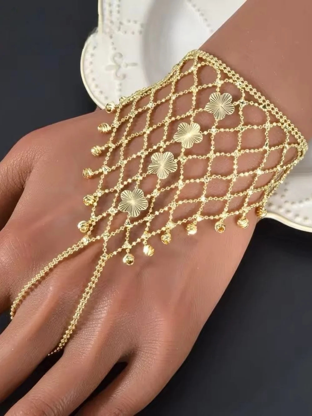 Gold Floral Mesh Hand Bracelet